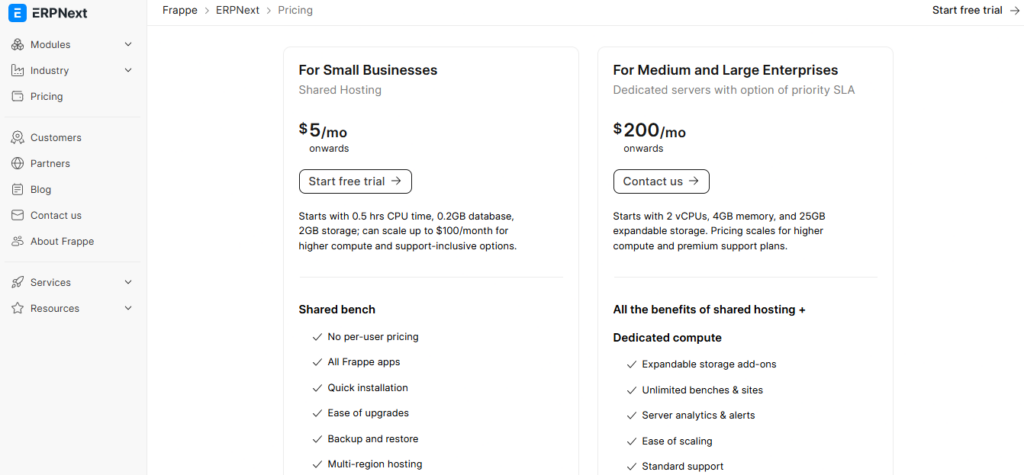 Odoo pricing tiers screenshot