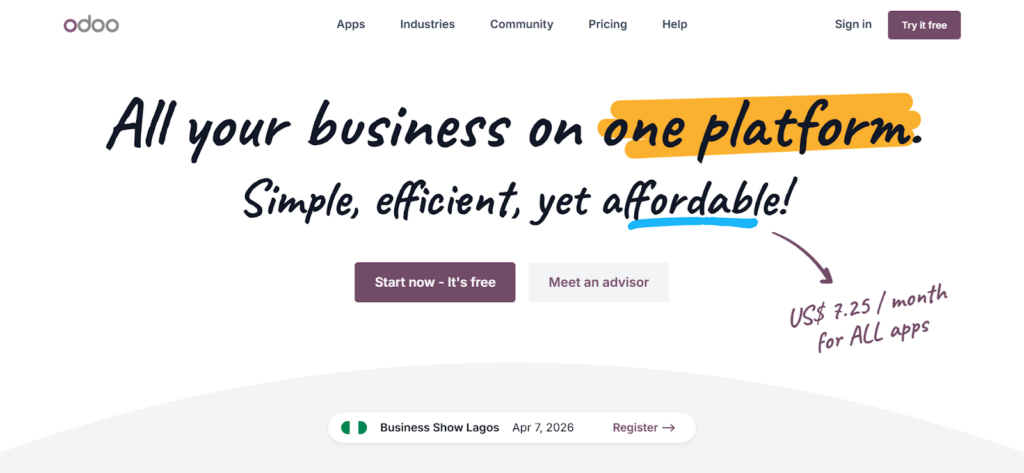 A screenshot image of the Odoo homepage. 
