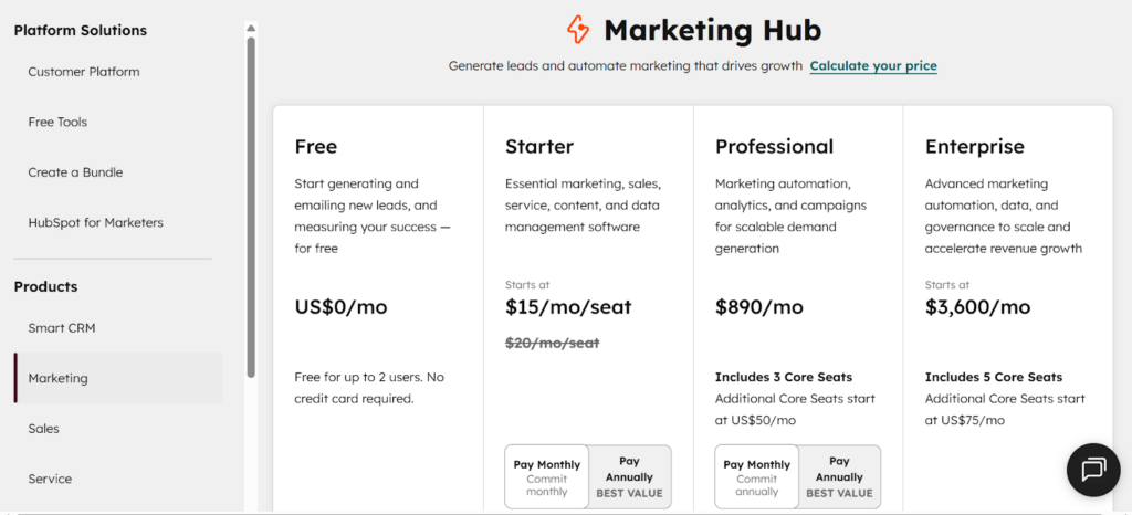A screenshot image of HubSpot marketing pricing page.