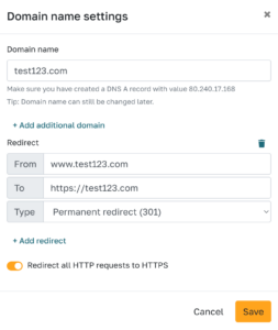 Set up redirects in Odoo instance domain settings